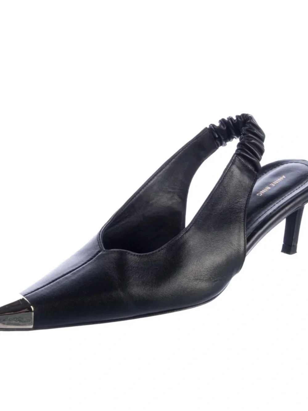 Anine Bing Black Leather Pointed Slingback Heels with Metallic Toe